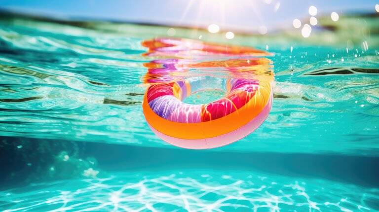 Ein schwimmender aufblasbarer Schwimmreifen schwimmt an einem sonnigen Tag im klaren Wasser. Das Konzept der Outdoor-Erholung.