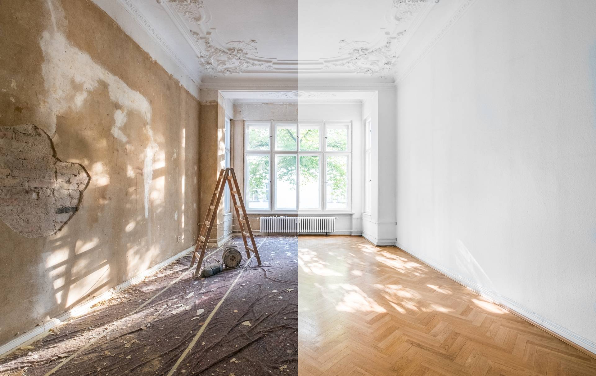 Altbau-Raum vor und nach Modernisierung mit Fußbodenheizung