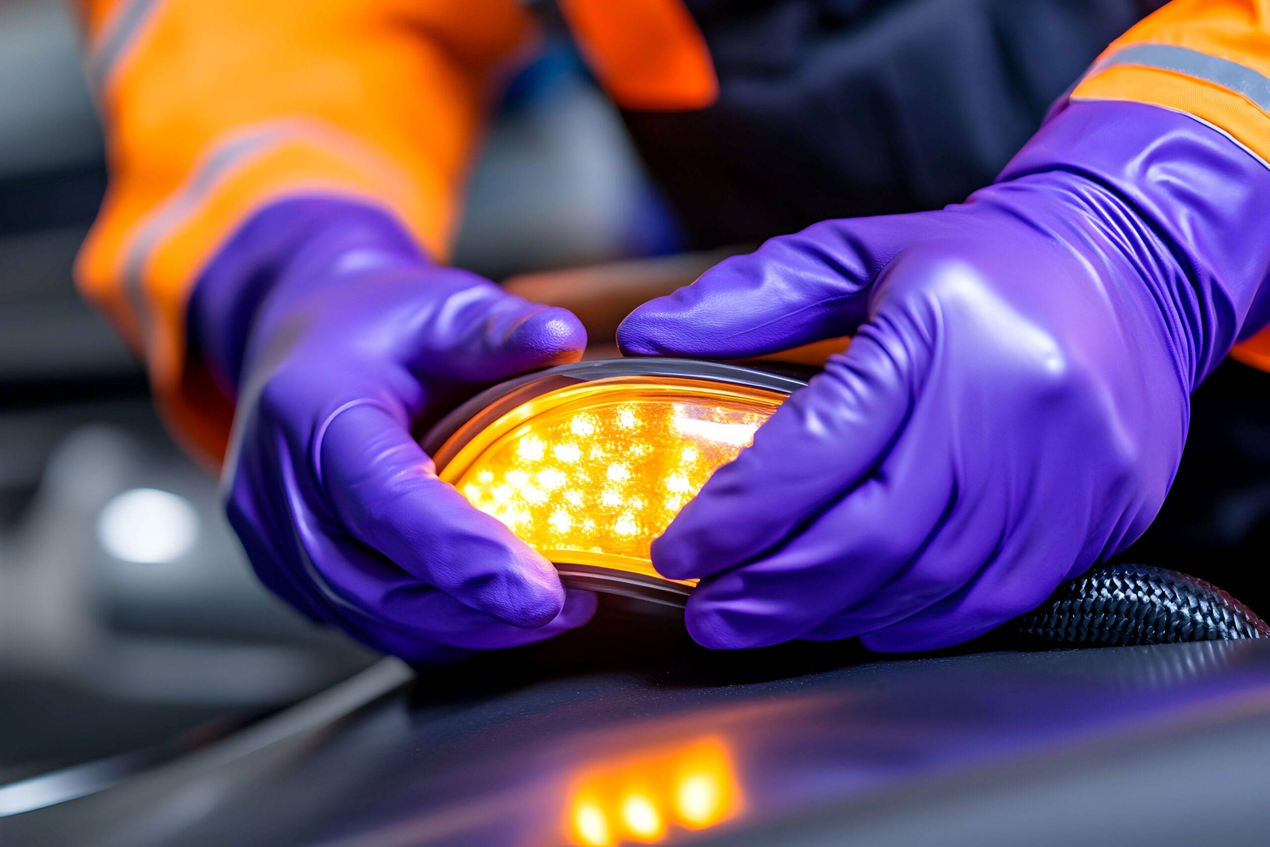 Arbeiter mit Schutzhandschuhen überprüft LED-Leuchte eines Anhängers