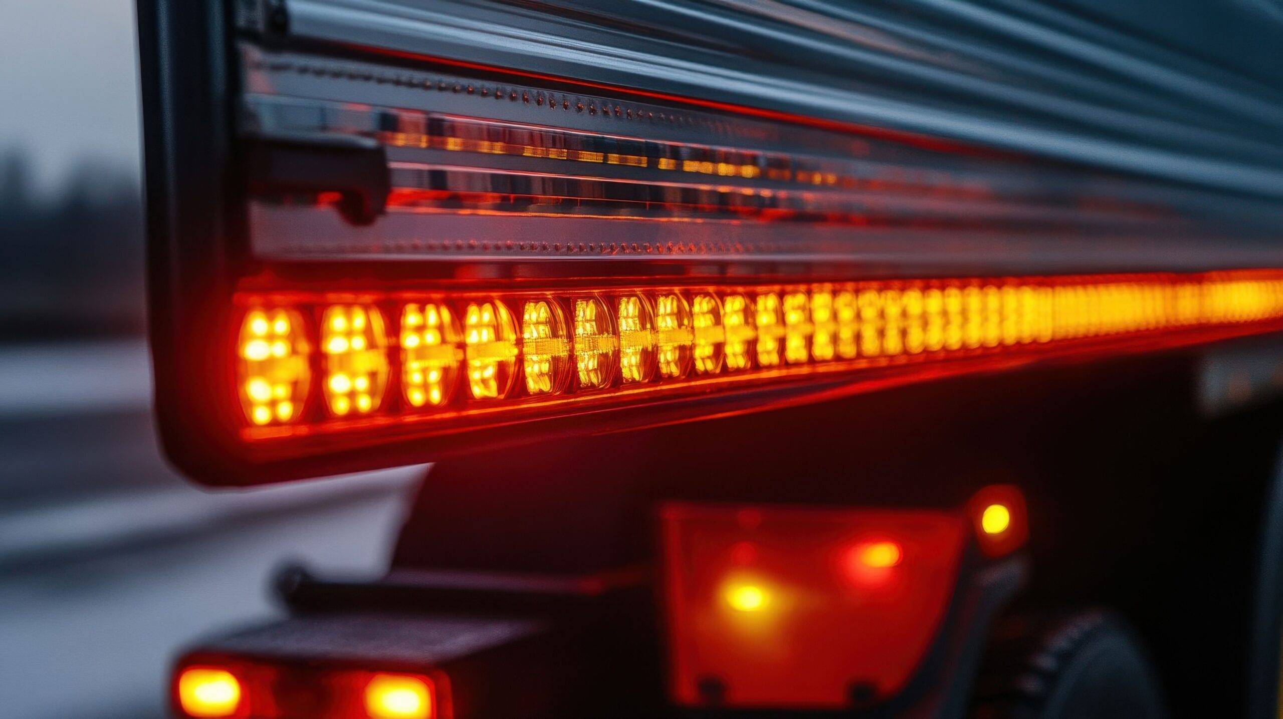 Detailaufnahme von aktiven LED-Anhängerleuchten auf nasser Straße – Anhänger Beleuchtung im Einsatz