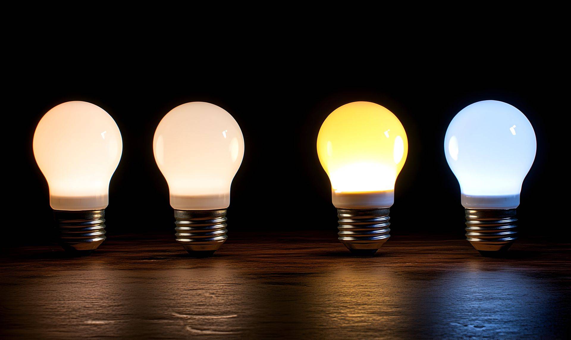 Vier Leuchtmittel nebeneinander mit unterschiedlicher Farbtemperatur von warmweiss bis tageslichtweiss auf dunklem Hintergrund