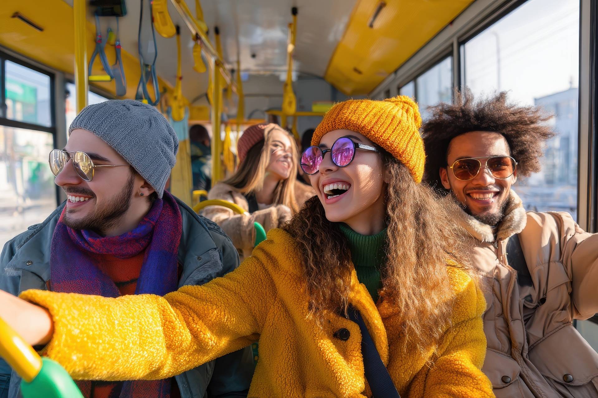 Freunde lachen zusammen in Strassenbahn | Dainese