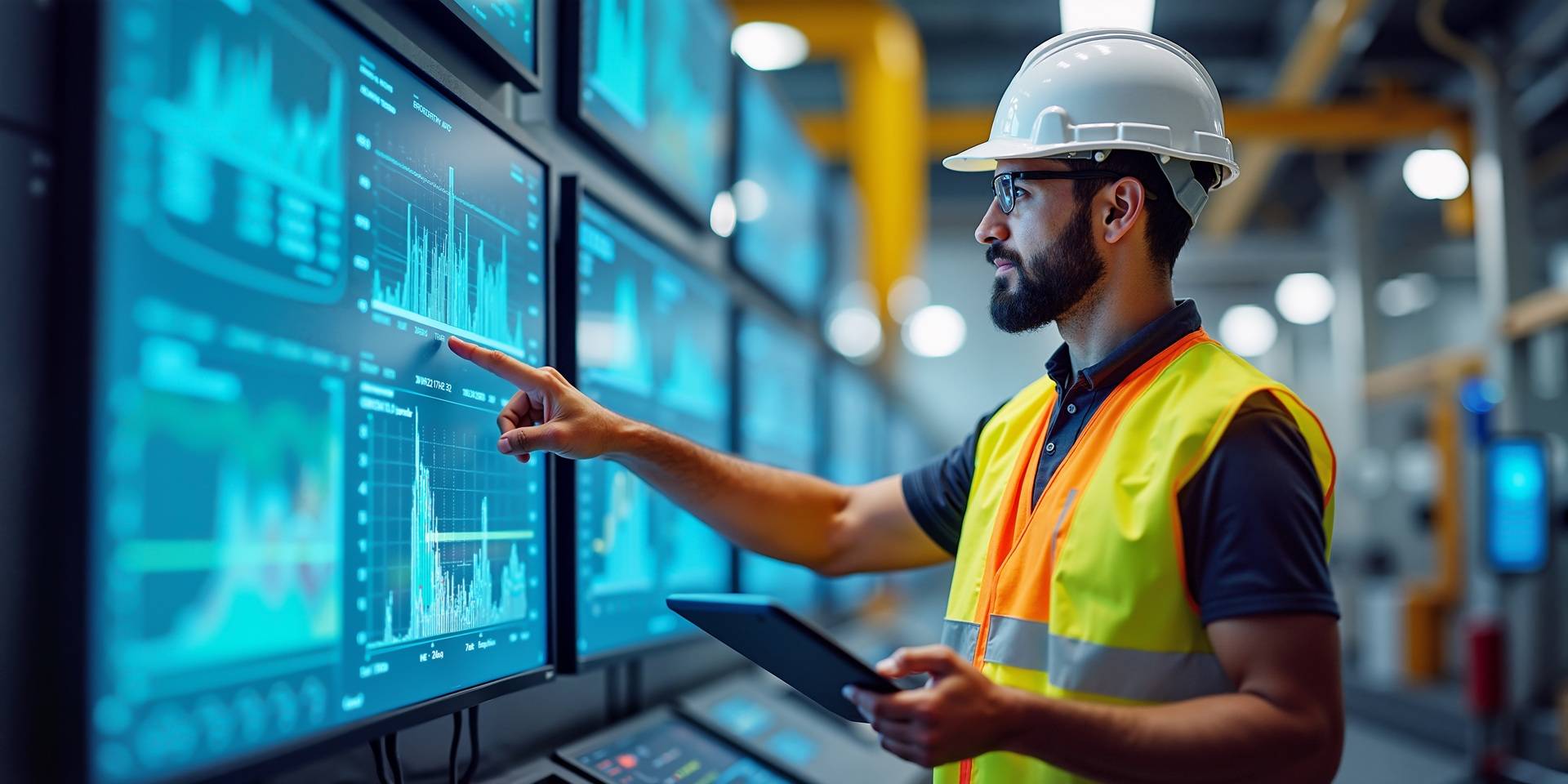 Ingenieur ueberwacht Produktionsdaten auf digitalen Monitoren | elektrische Seilwinde