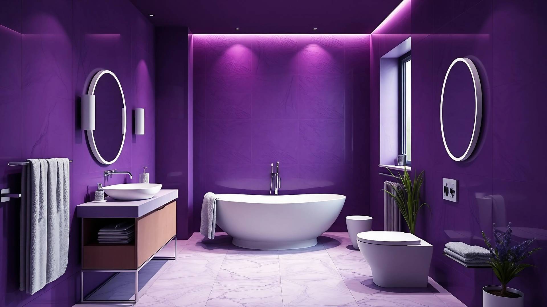 Stylishes Badezimmer mit violettem Licht und Badewanne | Hot Tubs